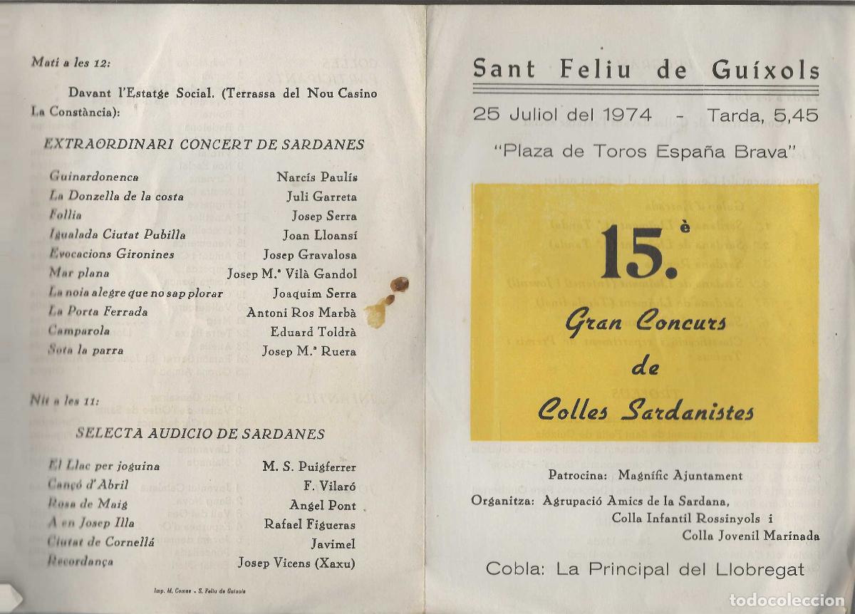 Coleccionismo: 15&egrave; CONCURS DE COLLES SARDANISTES -- SANT FELIU DE GU&Iacute;XOLS 1974