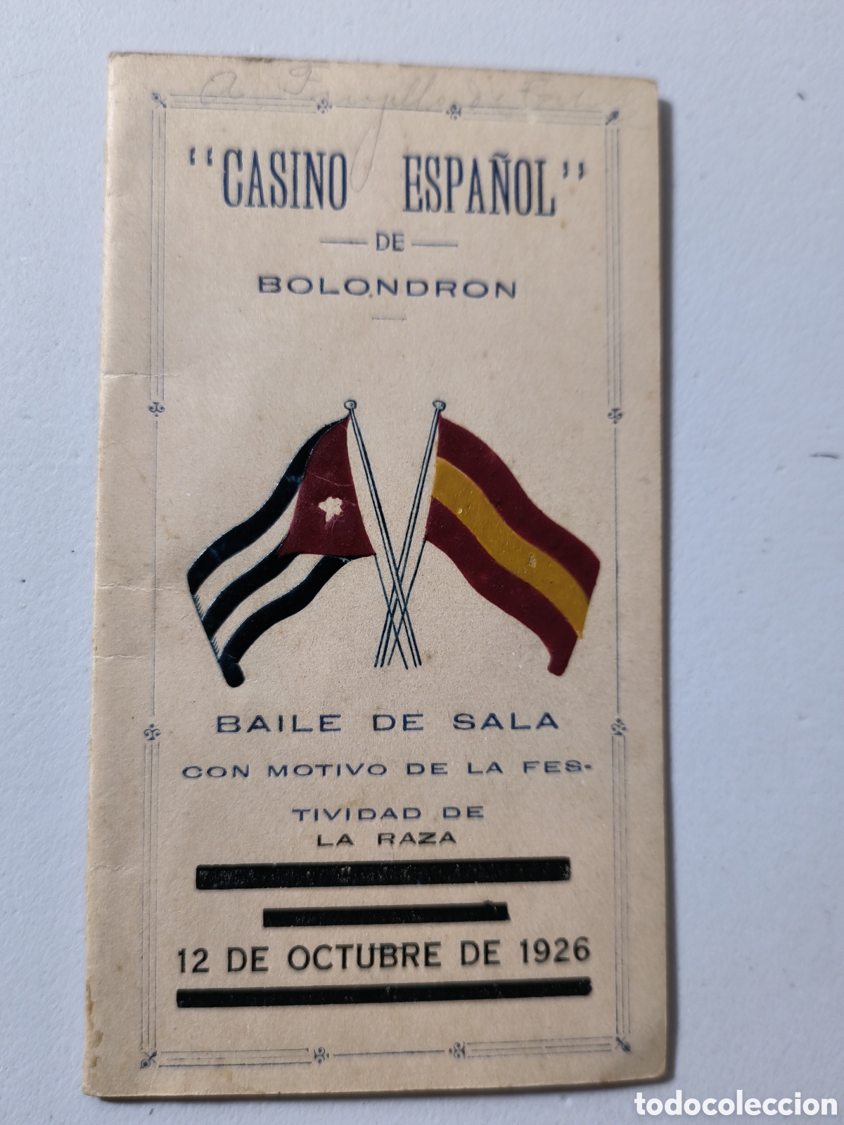 Coleccionismo: Cuba,tarjeta invitaci&oacute;n del casino espa&ntilde;ol Bolondron,baile 12 octubre 1926.