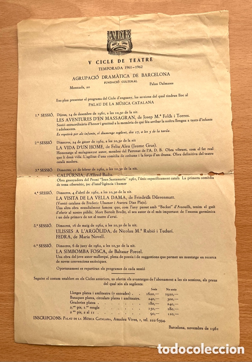 Coleccionismo: V CICLE DE TEATRE - PALAU DE LA M&Uacute;SICA CATALANA - TEMPORADA 1961-62 - ADB