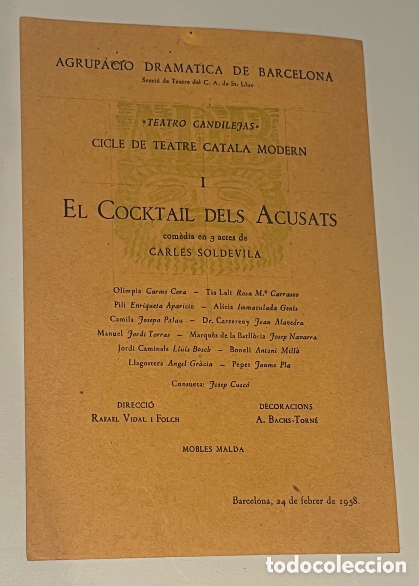 Coleccionismo: FOLLETO: TEATRO CANDILEJAS - EL COCKTAIL DELS ACUSATS, CARLES SOLDEVILA - A&Ntilde;O 1958
