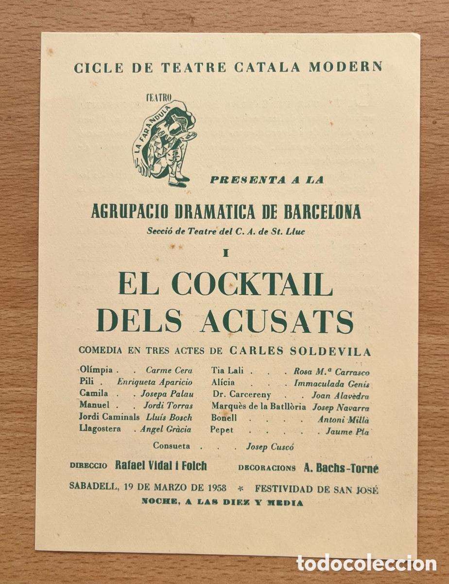 Coleccionismo: FOLLETO: TEATRO LA FARANDULA - EL COCKTAIL DELS ACUSATS - CICLE DE TEATRE CATALA MODERN - 1958