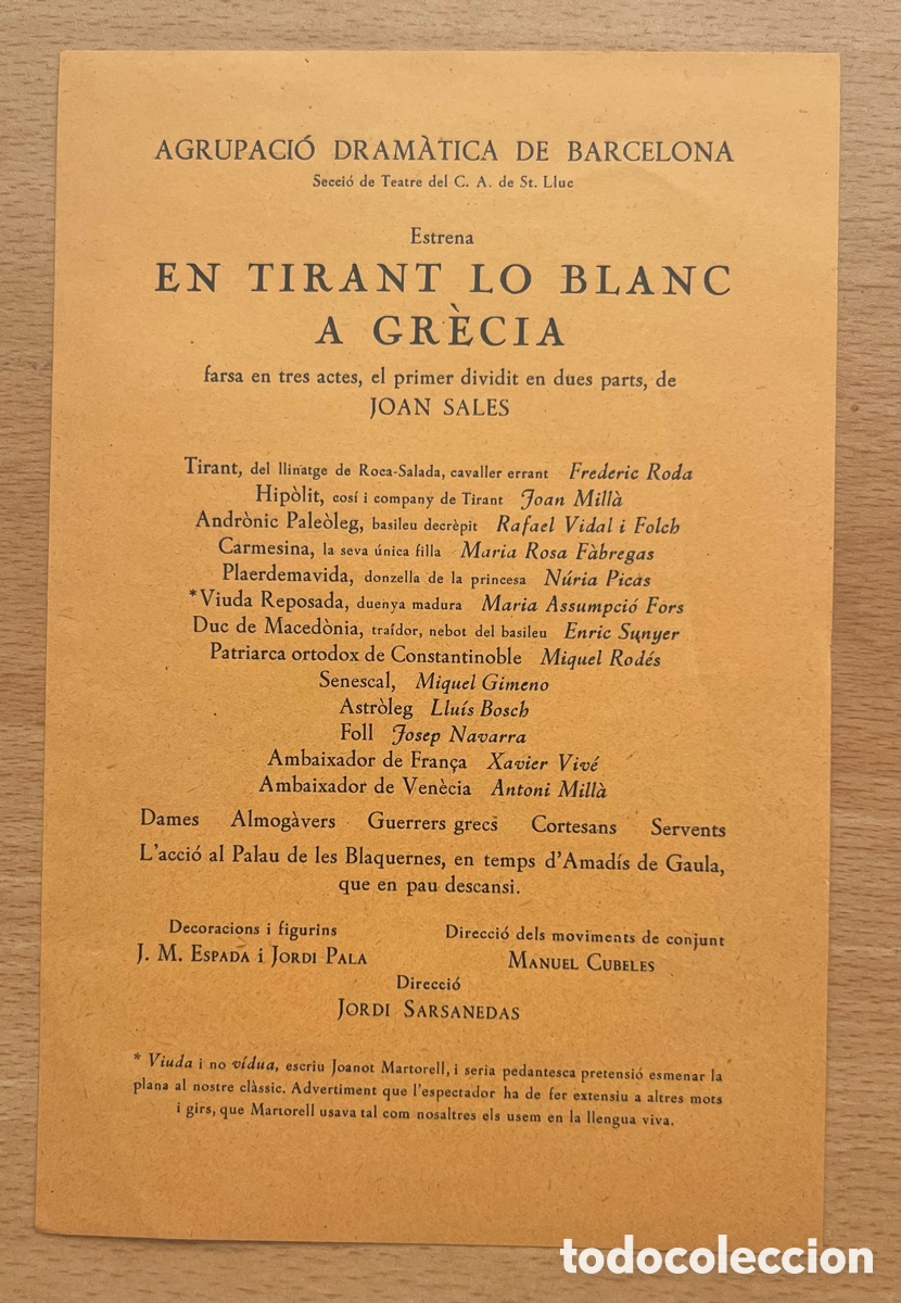 Coleccionismo: FOLLETO: EN TIRANT LO BLANC A GR&Egrave;CIA - PALAU DE LA MUSICA CATALANA - 1958 - ADB
