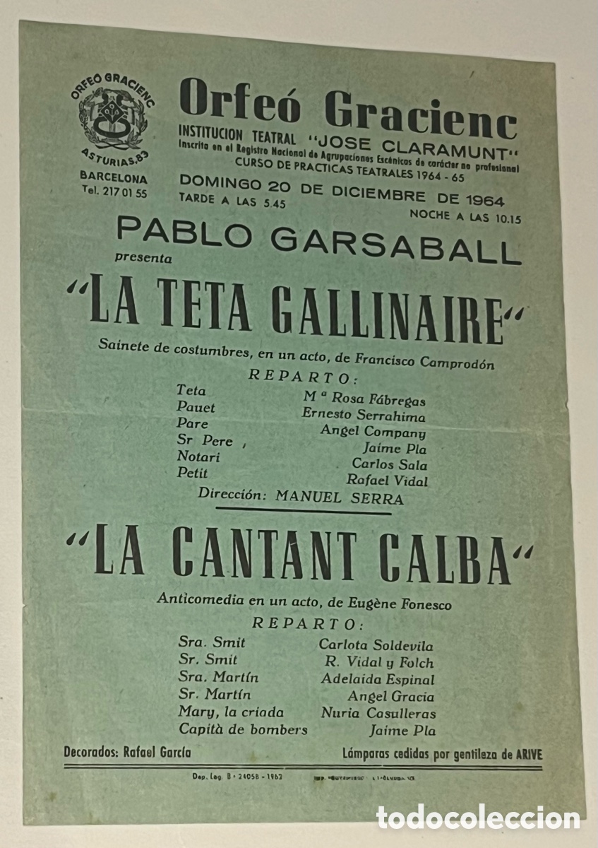 Coleccionismo: ORFE&Oacute; GRACIENC: INSTITUCION TEATRAL, JOSE CLARAMUNT - LA TETA GALLINAIRE - 1964