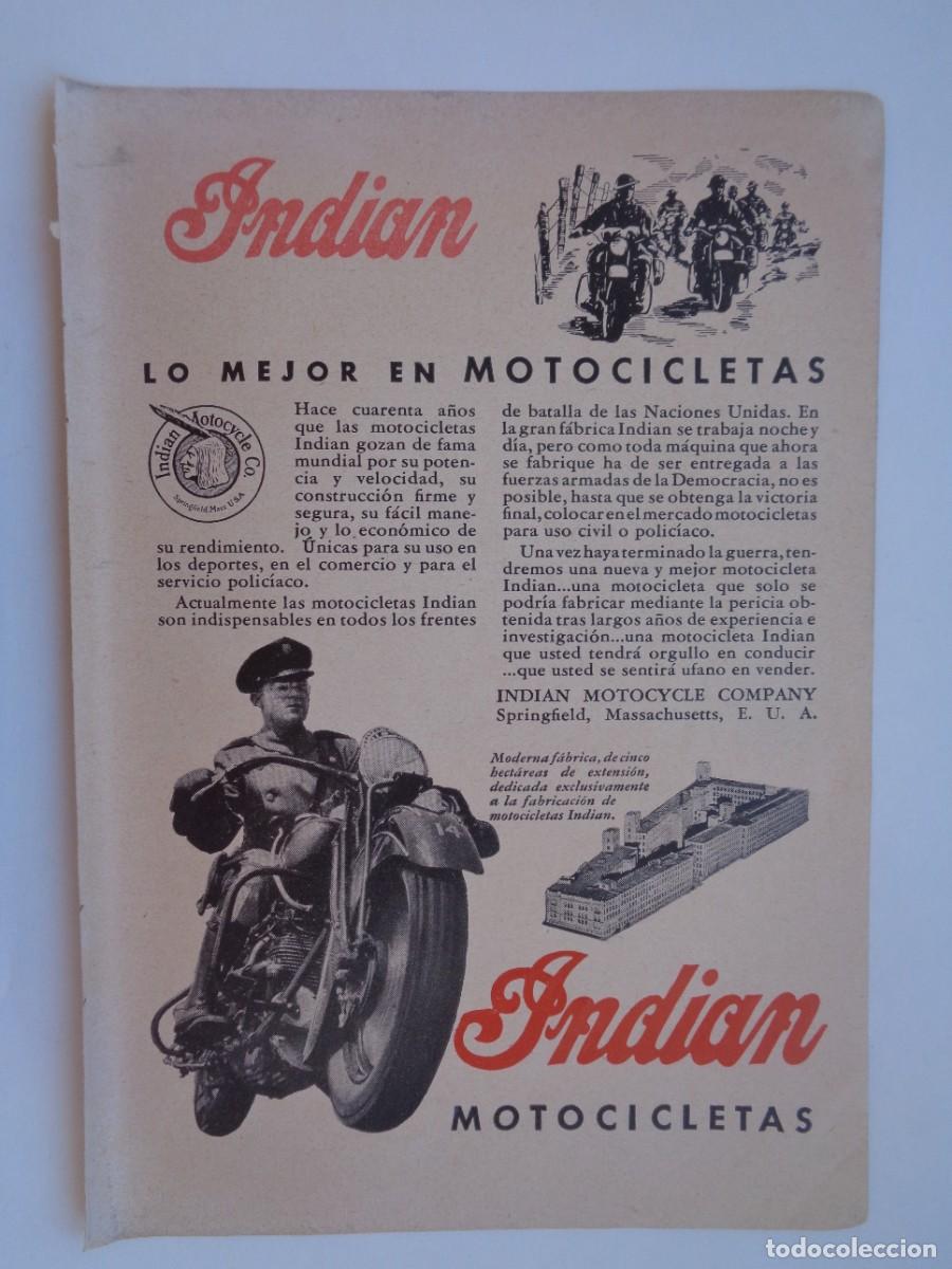 Coleccionismo: HOJA DE REVISTA CON ANUNCIO DE MOTOCICLETAS INDIAN , A&Ntilde;OS 40 EN PLENA 2&ordf; GUERRA MUNDIAL