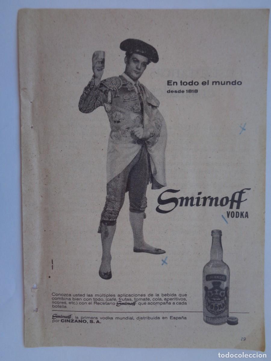 Coleccionismo: HOJA DE REVISTA CON ANUNCIO DE VODKA SMIRNOFF CON IMAGEN DE TORERO. A&Ntilde;OS 50