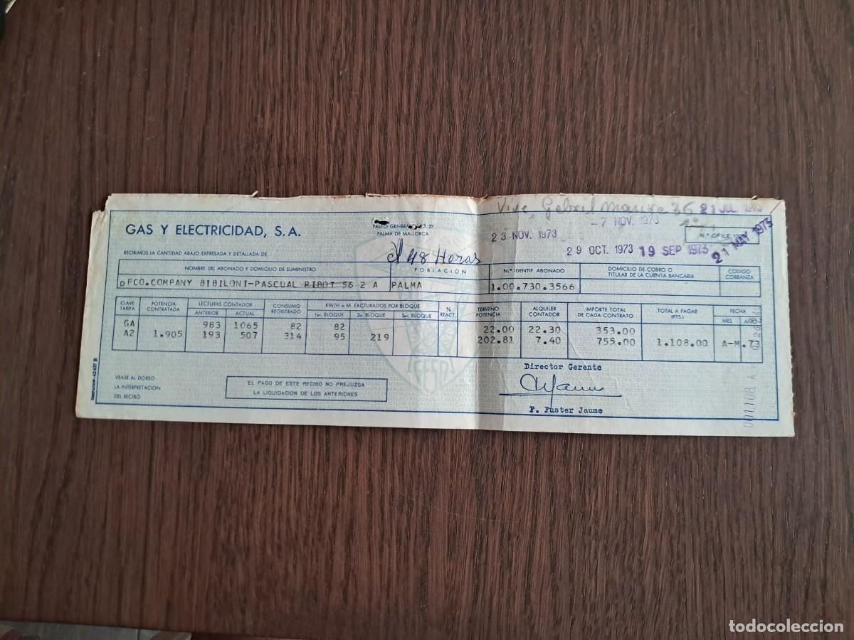 Coleccionismo: factura de luz, Gesa, Gas y Electricidad, Mallorca, a&ntilde;o 1973.