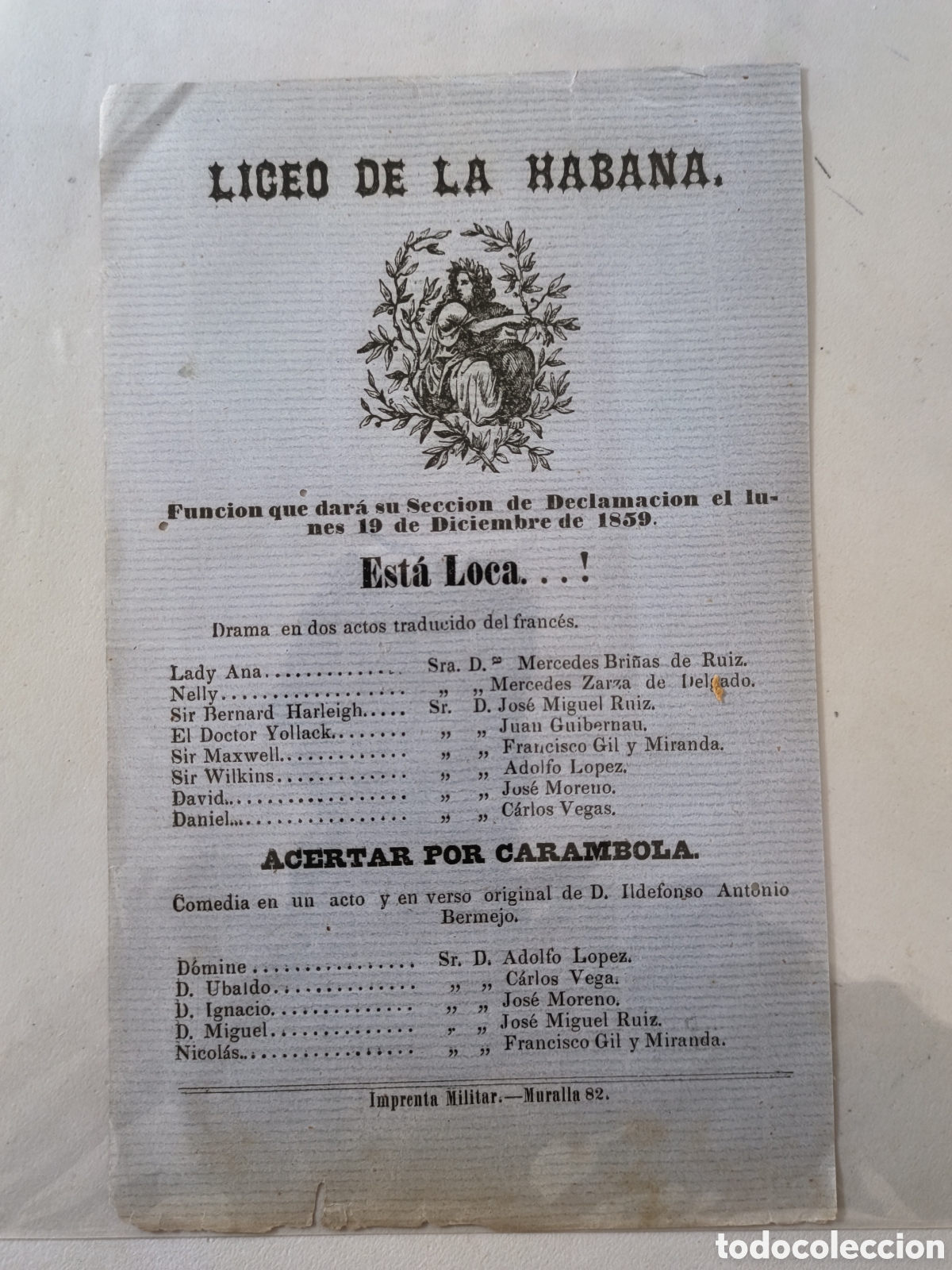Coleccionismo: Cuba espa&ntilde;ola,programa actividades liceo de la Habana,A&ntilde;o 1859