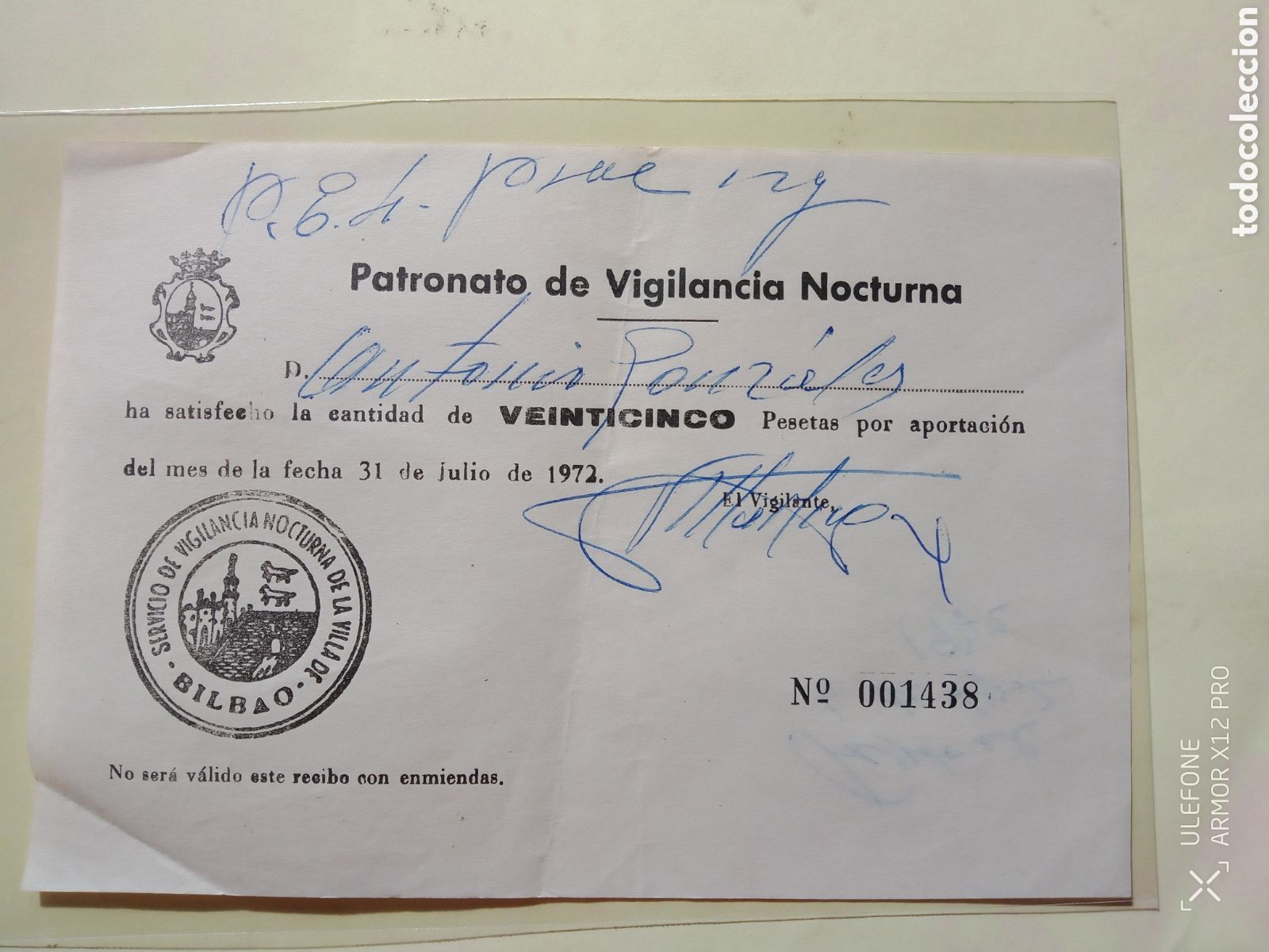Coleccionismo: Patronato de Vigilancia Nocturna de Bilbao, aportaci&oacute;n de 25 Pesetas de 31 de Julio 1972.