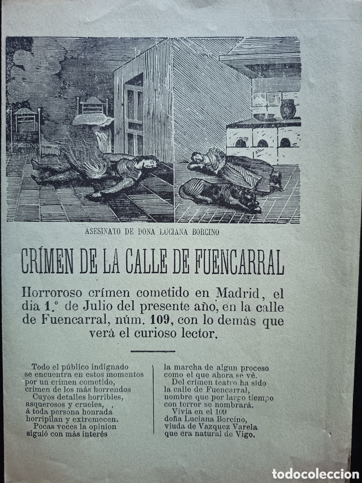 Coleccionismo: Crimen de la Calle Fuencarral (Asesinato de Do&ntilde;a Luciana Borcino) (Facs&iacute;mil 1985) Pliego de cordel