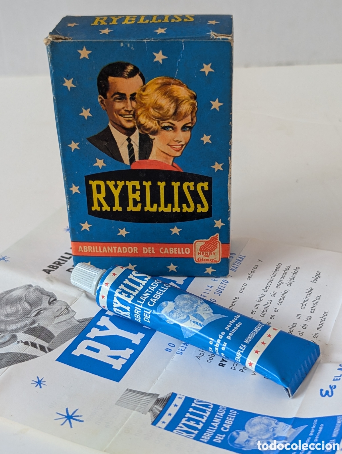Coleccionismo: Antiguo Abrillantador de Cabello RYELLISS - Con Caja y Prospecto - Henry Colomer - A&ntilde;os 60 - NOS Nue