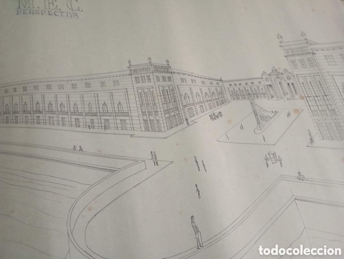 Coleccionismo: 1947 Dibujo Arquitectura Ut&oacute;pica Ministerio Educaci&oacute;n Cultura MEC Proyecto Carvalho Almeida 67x47cm