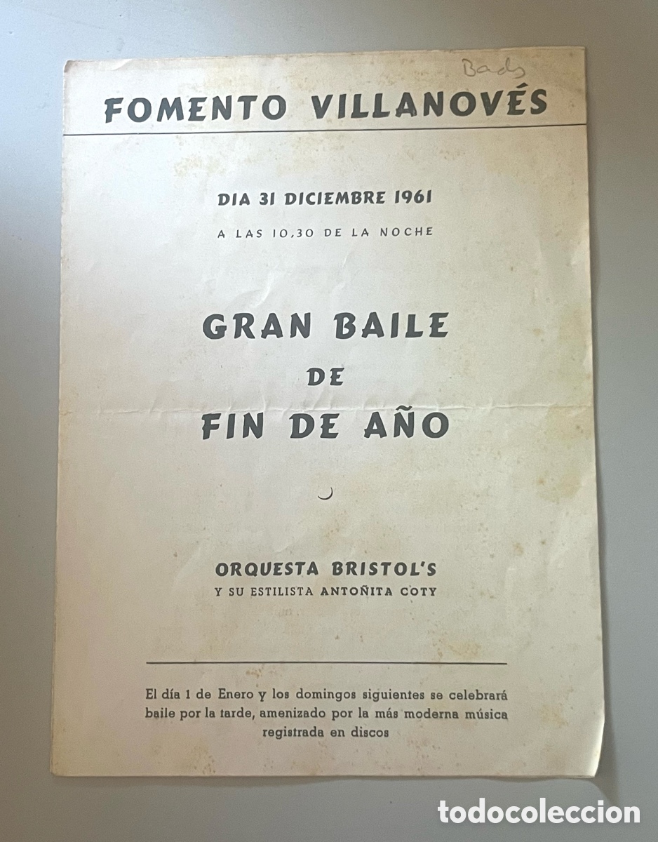 Coleccionismo: FOMENTO VILLANOV&Eacute;S - GRAN BAILE DE FIN DE A&Ntilde;O, ORQUESTA BRISTOL'S - 31 DICIEMBRE 1961