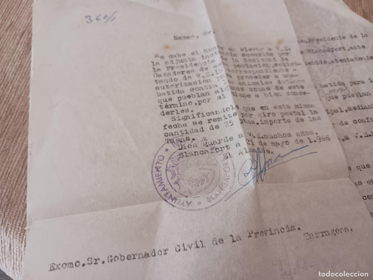 Coleccionismo: alcalde de blancafort (tarragona) insta al gobernador civil, autorizacion a batida de caza 1966