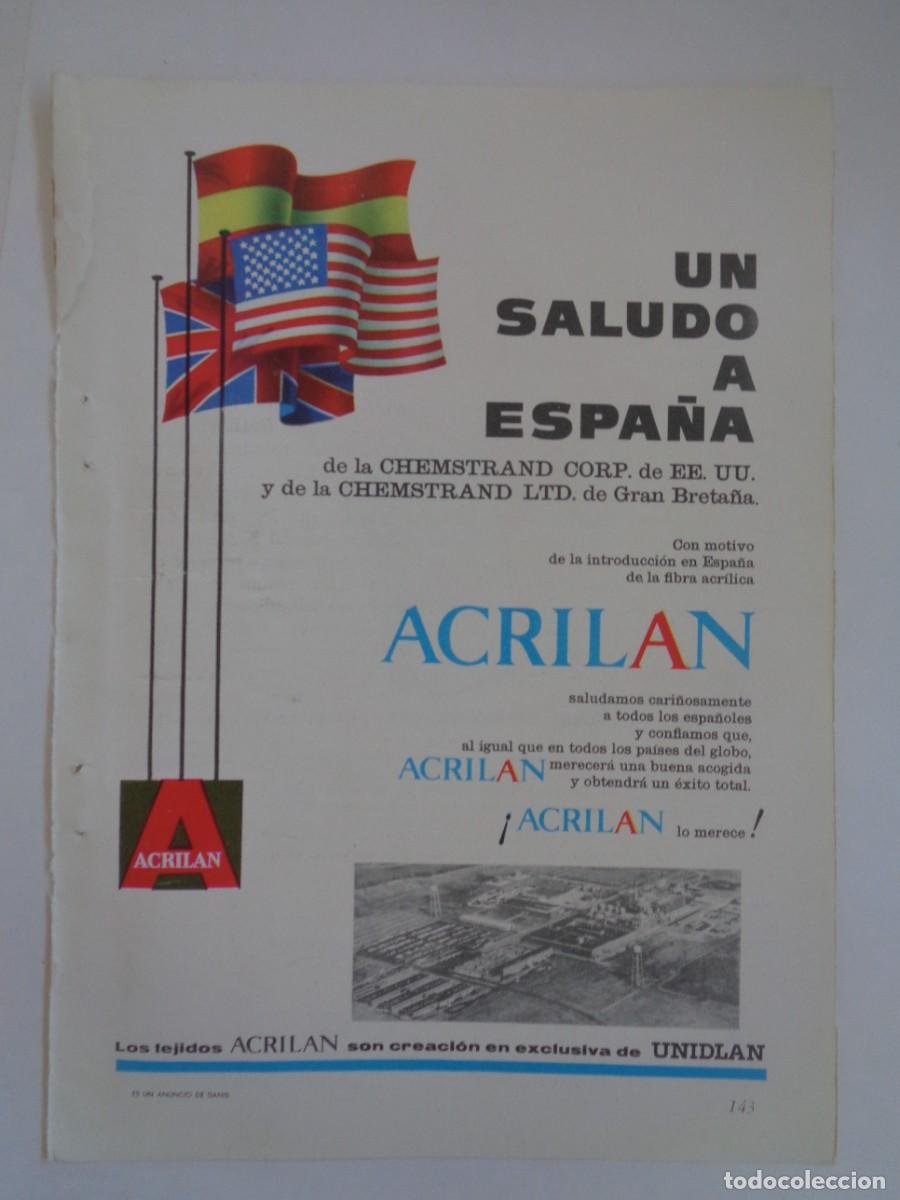 Coleccionismo: HOJA DE REVISTA CON ANUNCIO DE FIBRA ACRILICA ACRILAN , UN SALUDO A ESPA&Ntilde;A. A&Ntilde;OS 60
