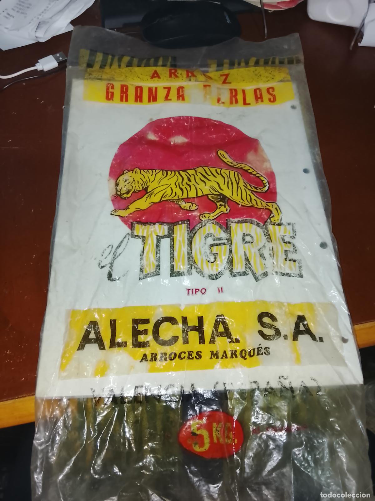 Coleccionismo: saco de pl&aacute;stico litografiado de Arroz &rdquo;El Tigre&rdquo; (5 Kg) - Alecha S.A. - Arroces Marqu&eacute;s (Valencia)