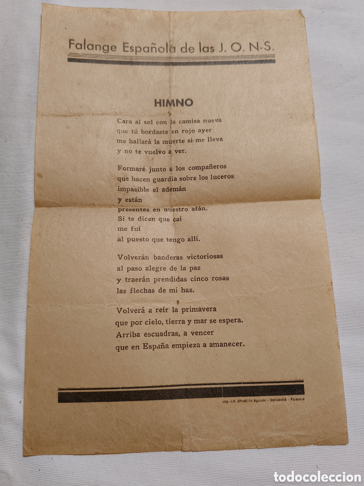 Coleccionismo: Folleto Himno Cara al Sol - Falange Espa&ntilde;ola J.O.N.S. - Imp. Afrodisio Aguado (Guerra Civil)