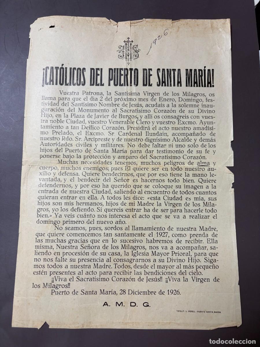 Coleccionismo: CARTEL CAT&Oacute;LICOS PUERTO DE SANTA MARIA.1926.PETICI&Oacute;N ACUDIR INAUGURACI&Oacute;N DE MONUMENTO CORAZ&Oacute;N JES&Uacute;S