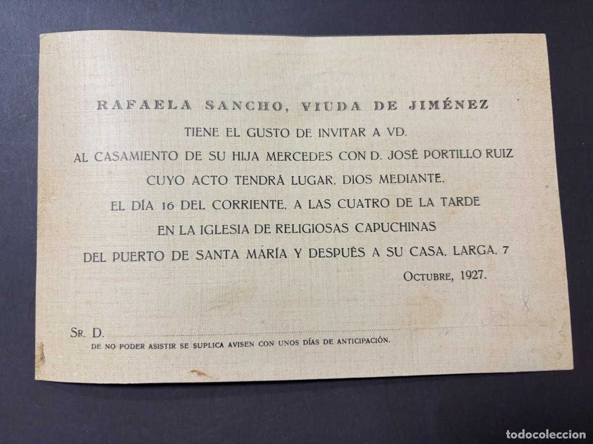 Coleccionismo: INVITACI&Oacute;N DE BODA MERCEDES JIM&Eacute;NEZ Y JOS&Eacute; PORTILLO RUIZ &ndash; PUERTO DE SANTA MAR&Iacute;A &ndash; 1927