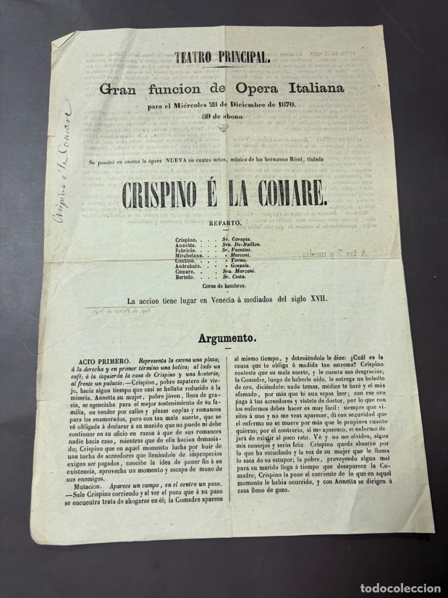 Coleccionismo: PROGRAMA TEATRO PRINCIPAL &ndash; &Oacute;PERA ITALIANA &ldquo;CRISPINO E LA COMARE&rdquo; &ndash; 28 DICIEMBRE 1870
