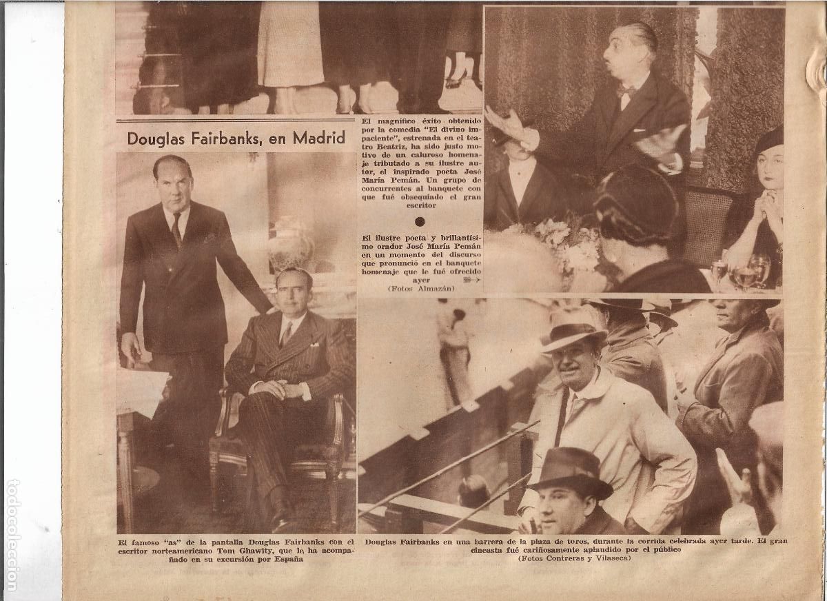 Coleccionismo: A&Ntilde;O 1933 RECORTE PRENSA EL ACTOR DOUGLAS FAIRBANKS EN MADRID ASISTENCIA CORRIDA DE TOROS PLAZA TOROS