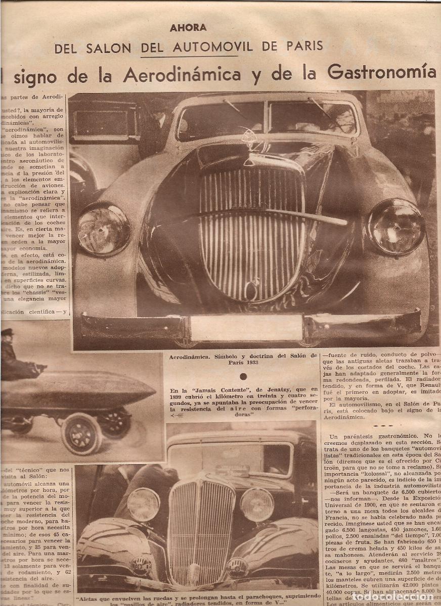 Coleccionismo: A&Ntilde;O 1933 RECORTE PRENSA SALON DEL AUTOMOVIL DE PARIS AERODINAMICA GASTRONOMIA PEUGEOT AUSTIN