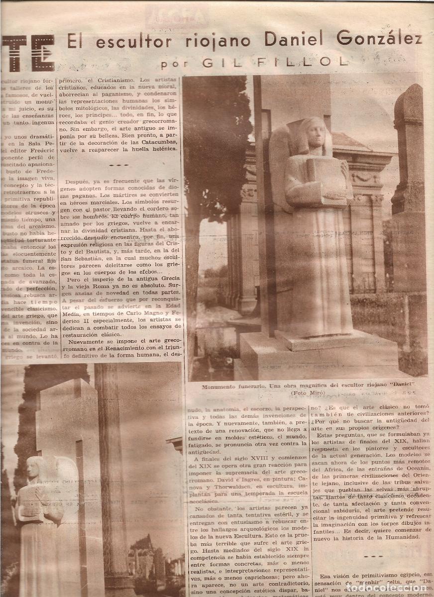Coleccionismo: A&Ntilde;O 1933 RECORTE PRENSA ARTE ESCULTURA ESCULTOR RIOJANO DANIEL GONZALEZ MONUMENTO FUNERARIO