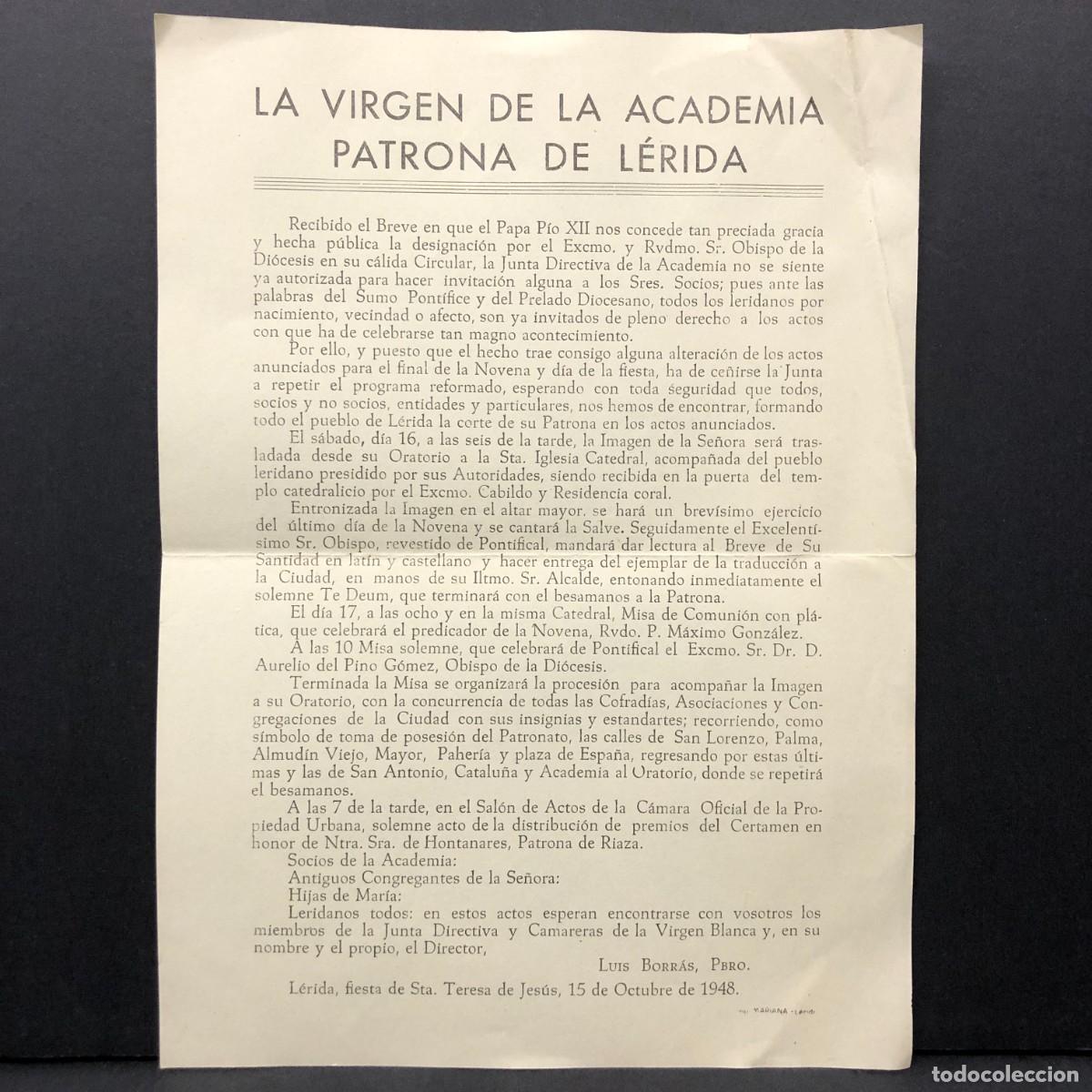 Coleccionismo: LA VIRGEN DE LA ACADEMIA PATRONA DE L&Eacute;RIDA - FIESTA DE STA. TERESA DE JES&Uacute;S - OCTUBRE 1948 / 242