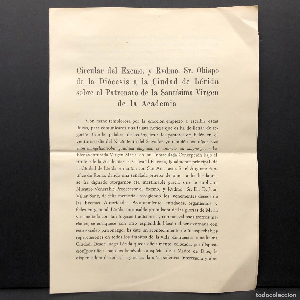Coleccionismo: CIRCULAR DEL EXCMO. Y RVDMO, SR. OBISPO DE LA DI&Oacute;CESIS A LA CIUDAD DE L&Eacute;RIDA - VIRGEN ACADEMIA / 243