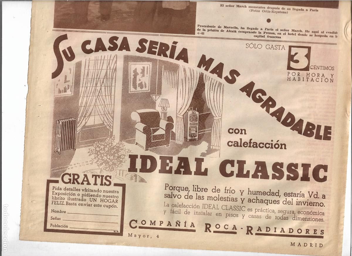 Coleccionismo: A&Ntilde;O 1933 RECORTE PRENSA PUBLICIDAD CALEFACCION IDEAL CLASSIC COMPA&Ntilde;IA ROCA RADIADORES