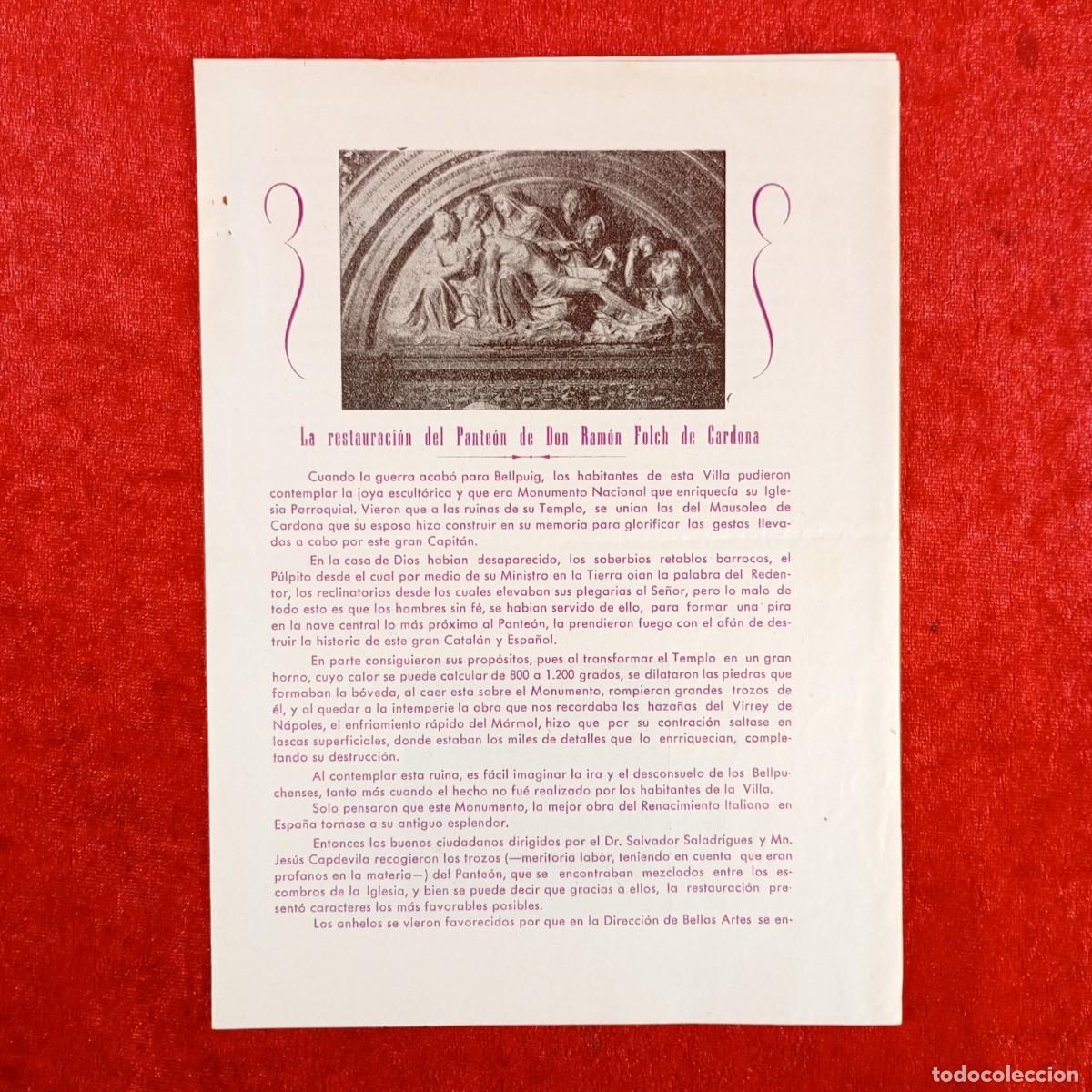 Coleccionismo: LA RESTAURACI&Oacute;N DEL PANTE&Oacute;N DE DON RAM&Oacute;N FOLCH DE CARDONA - BELLPUIG 1954 - CRUZ COLLADO / 735