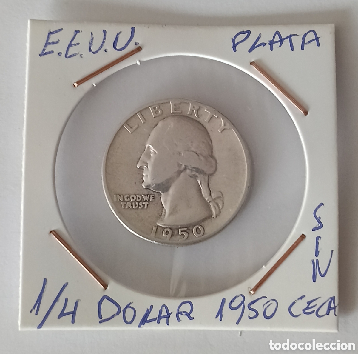 Coleccionismo: Rara Moneda de Plata EEUU QUARTER DOLAR 1950 sin letra.