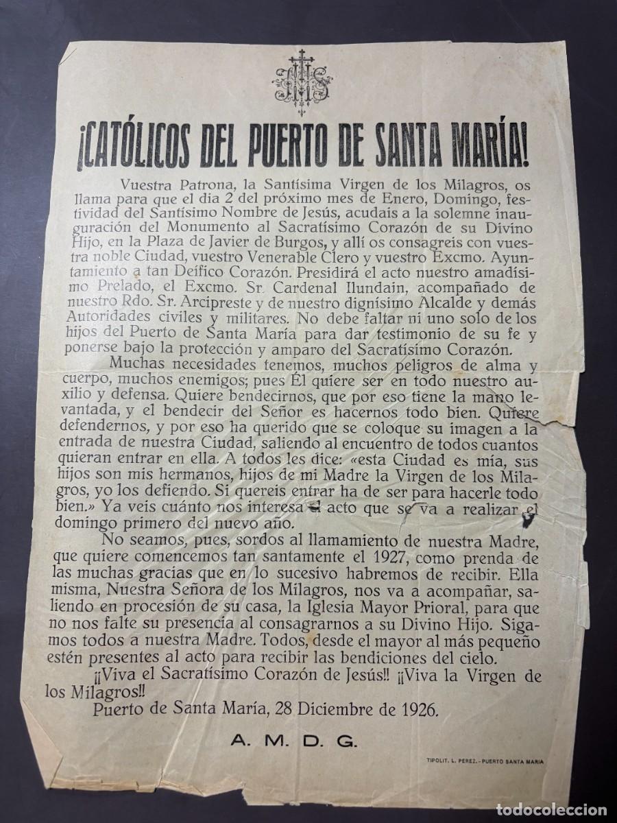Coleccionismo: CARTEL CAT&Oacute;LICOS PUERTO DE SANTA MARIA.1926.PETICI&Oacute;N ACUDIR INAUGURACI&Oacute;N DE MONUMENTO CORAZ&Oacute;N JES&Uacute;S