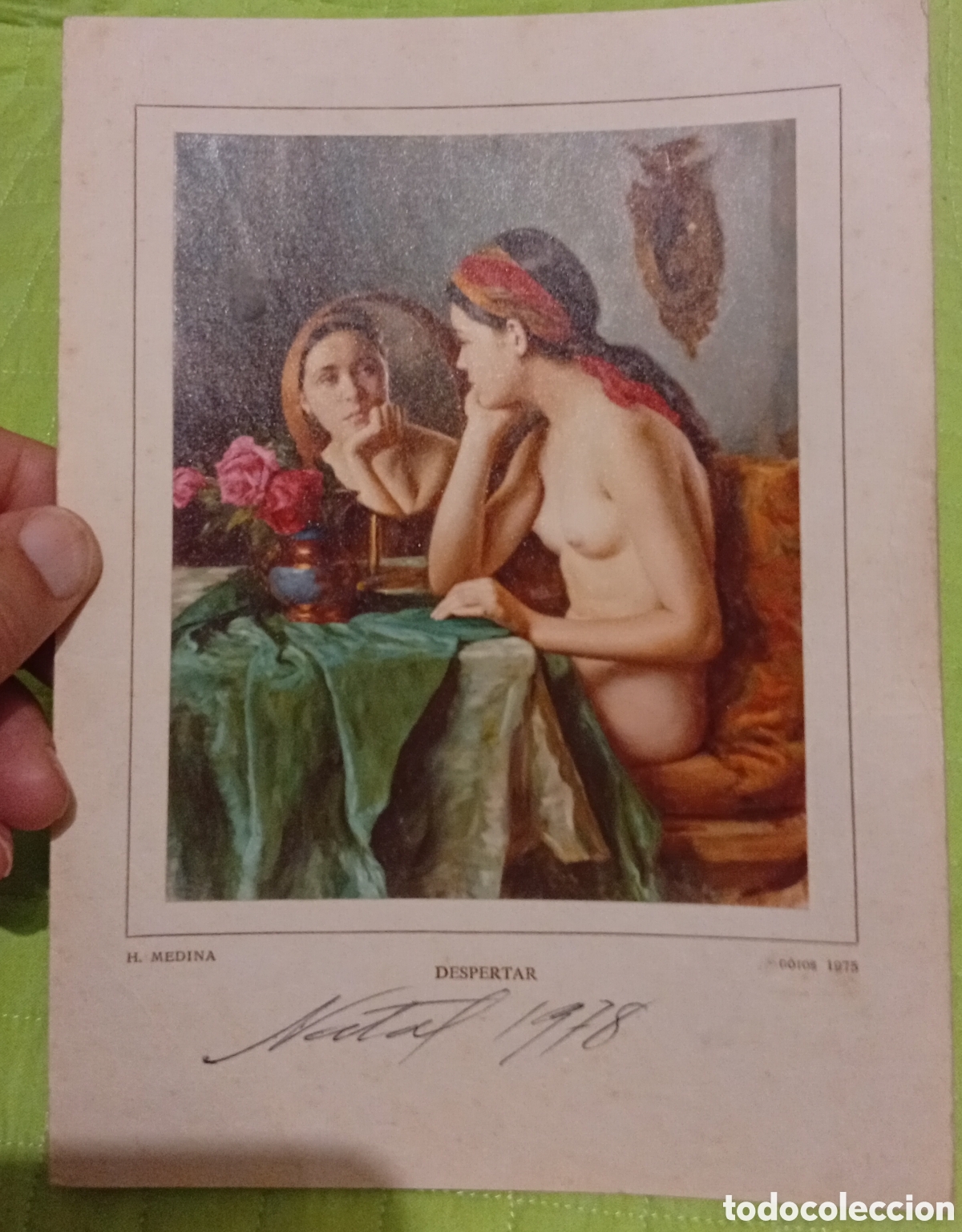 Coleccionismo: Portugal, Felicitaci&oacute;n de pu&ntilde;o y letra firmada del gran pintor portugu&eacute;s Hemrique Medina