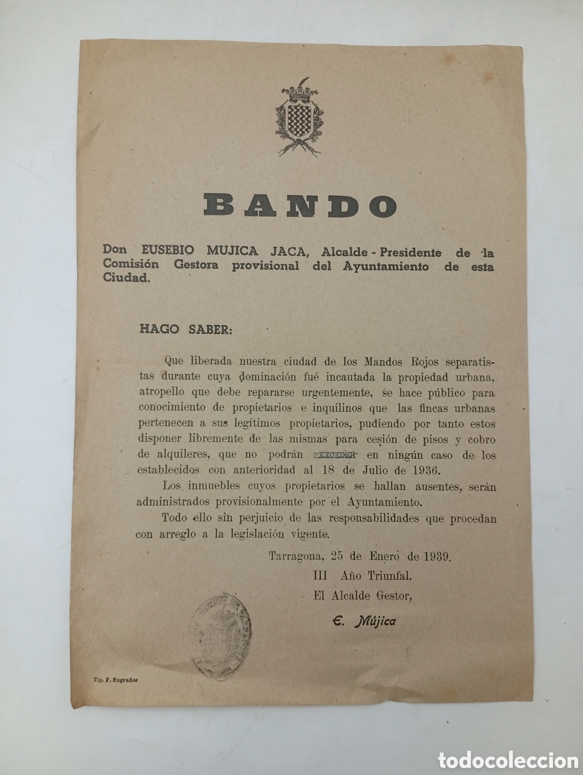 Collecting paper: Bando Tarragona reparaci&oacute;n fincas urbanas incautadas por los rojos a&ntilde;o 1939