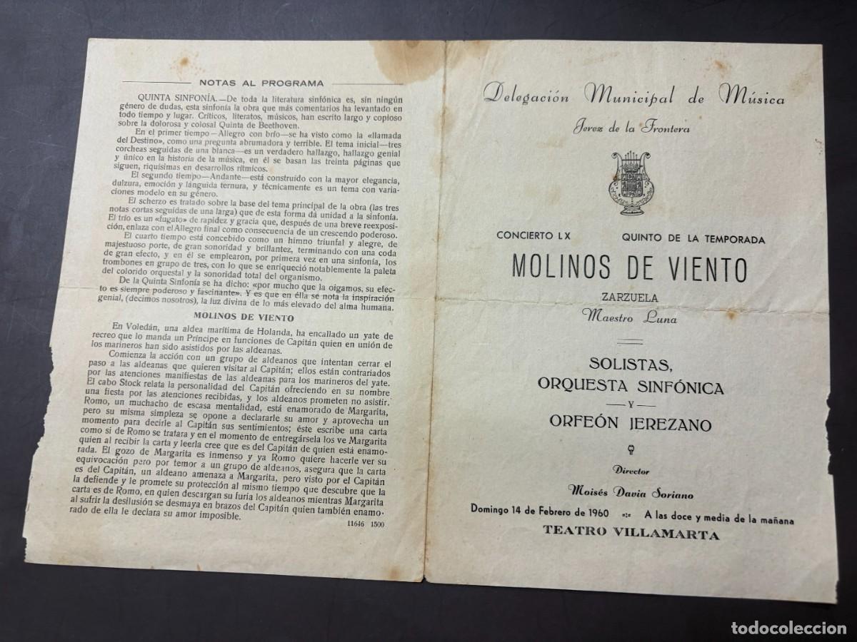 Coleccionismo: PROGRAMA TEATRO VILLAMARTA JEREZ 1960 &ndash; MOLINOS DE VIENTO &ndash; QUINTA SINFON&Iacute;A BEETHOVEN