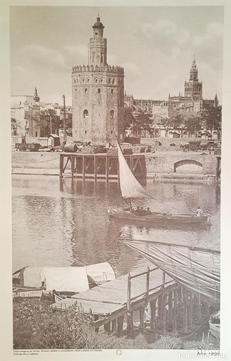 Coleccionismo: REPRODUCION LAMINA VISTAS ANTIGUAS DE SEVILLA TORRE DEL ORO Y CATEDRAL A&Ntilde;O 1895. LAMIGRANSEV-068