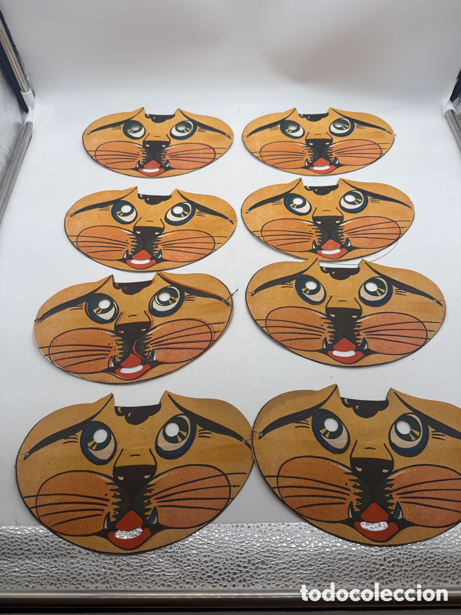 Collezionismo: Lote de 8 antiguas caretas infantiles de gato en cart&oacute;n litografiado &ndash; a&ntilde;os 40/50
