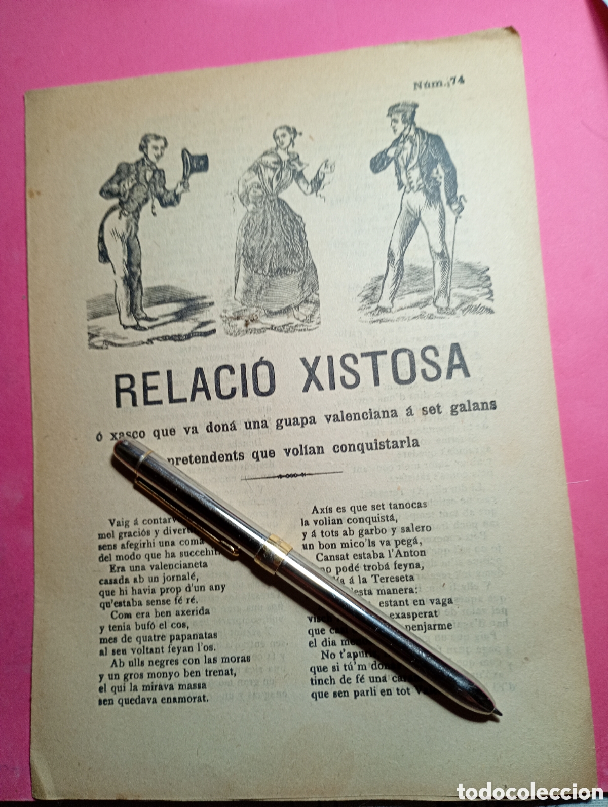 Coleccionismo: amtiguo pliego cordel ''RELACIO XISTOSA XASCO DE GUAPA VALENCIANA A SET GALANS...''