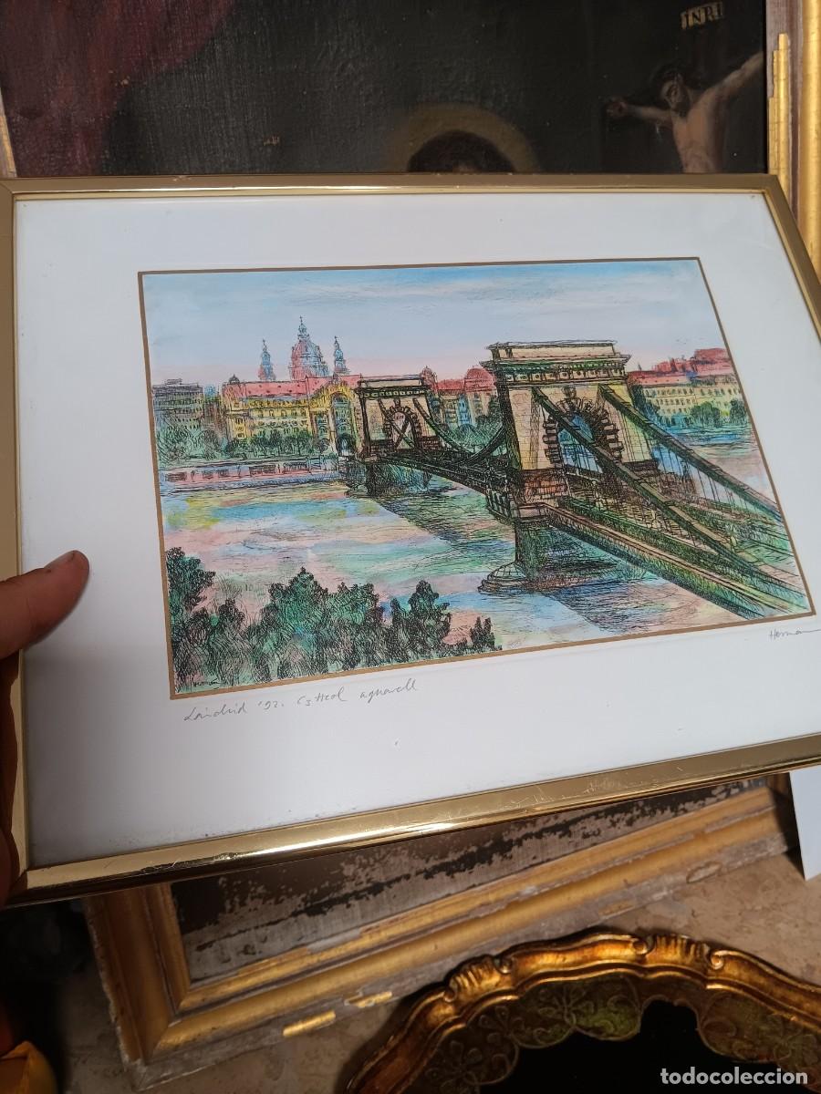 Coleccionismo: Agua fuerte ,Puente de las Cadenas (Sz&eacute;chenyi l&aacute;nch&iacute;d) en Budapest, firmado en la esquina inferior