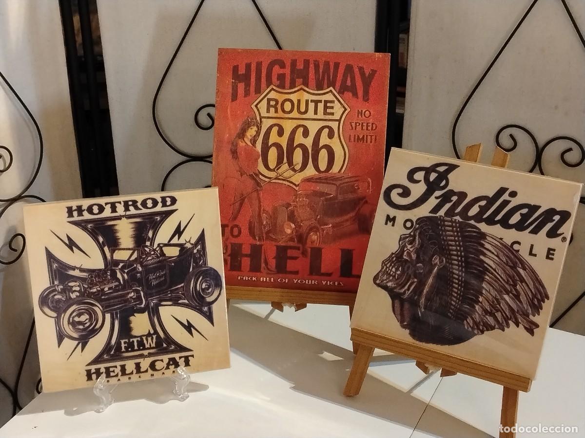 Sammeln: COLECCI&Oacute;N DE 3 CARTELES EN MADERA (INDIAN - ROUTE 666 Y HOTROD)