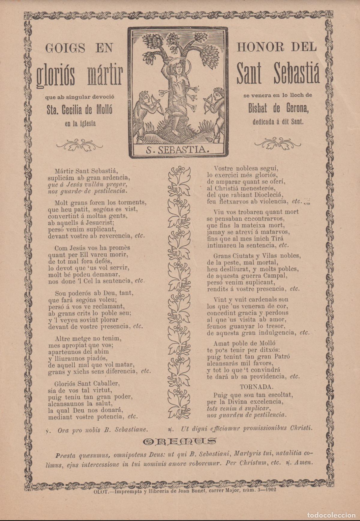 Colecionismo: GOIGS EN HONOR DEL GLORI&Oacute;S M&Agrave;RTIR SANT SEBASTI&Agrave; ES VENERA S.CECILIA DE MOLL&Oacute; BISBAT DE GIRONA 1902