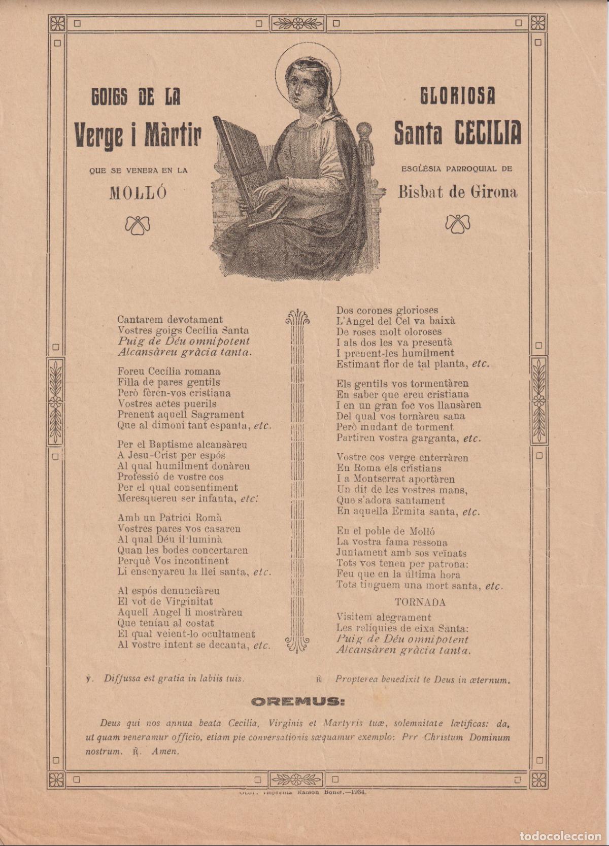 Sammelleidenschaft Papier: GOIGS DE LA VERGE I M&Agrave;RTIR SANTA CECILIA QUE ES VENERA A MOLL&Oacute; BISBAT DE GIRONA 1934