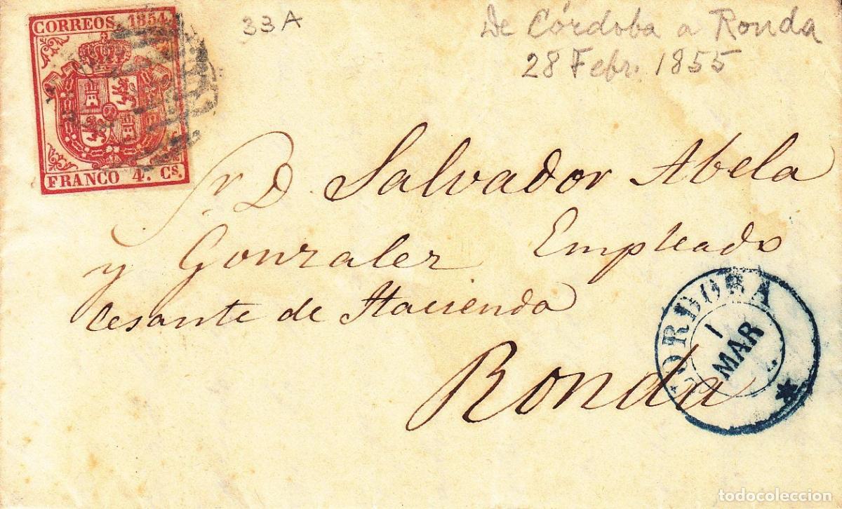 Coleccionismo: CRCAR075 CARTA COMPLETA CON SELLO N&ordm; 33A (PAPEL AZULADO). DE CORDOBA A RONDA. FECHADOR AZUL