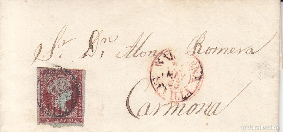 Coleccionismo: CRCAR079 CARTA COMPLETA DE MARCHENA A CARMONA CON SELLO N&ordm; 40. PARRILLA NEGRA Y FECHADOR ROJO.