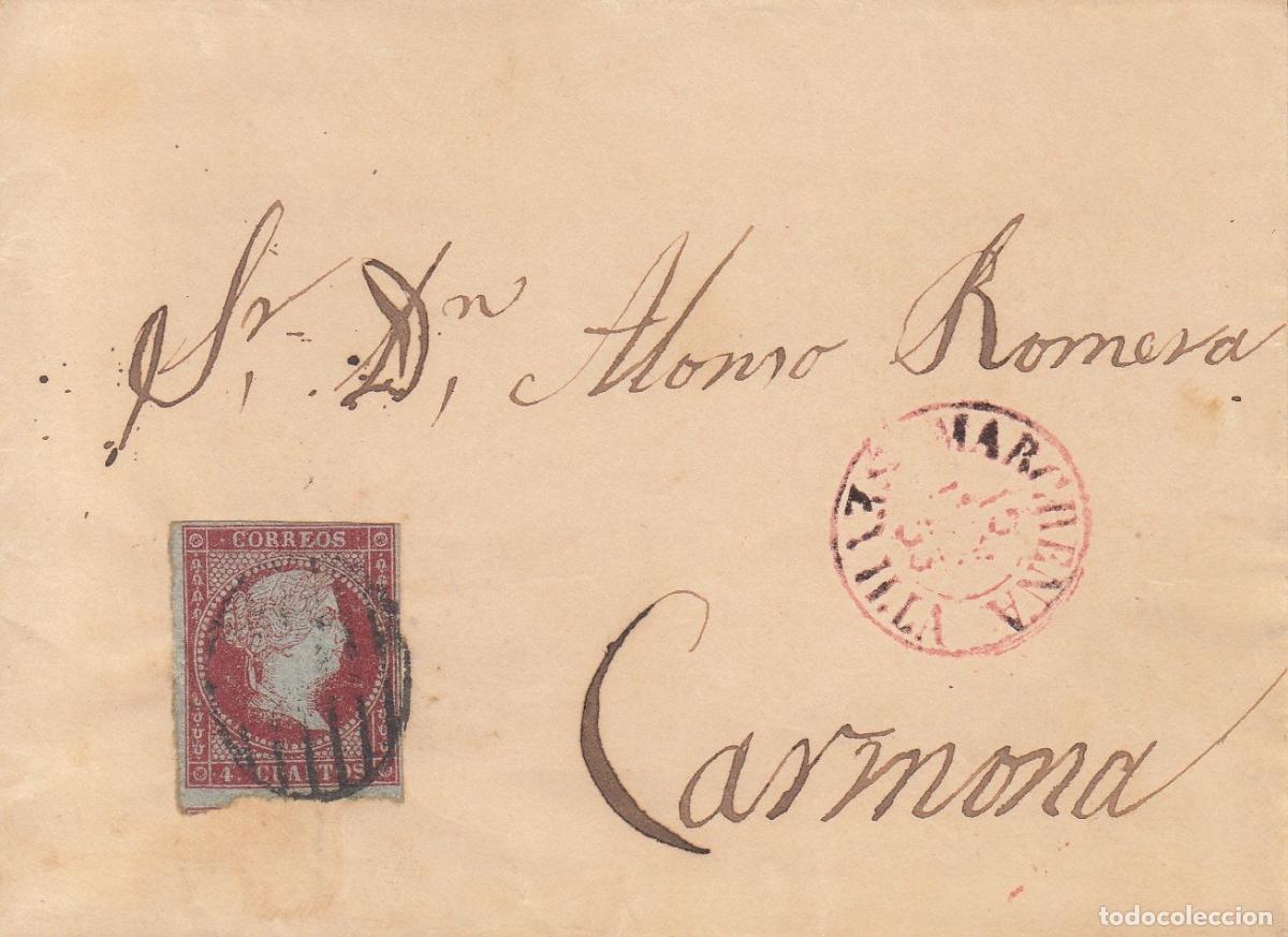 Coleccionismo: CRCAR080 CARTA COMPLETA DE MARCHENA A CARMONA CON SELLO N&ordm; 40. PARRILLA NEGRA Y FECHADOR ROJO.