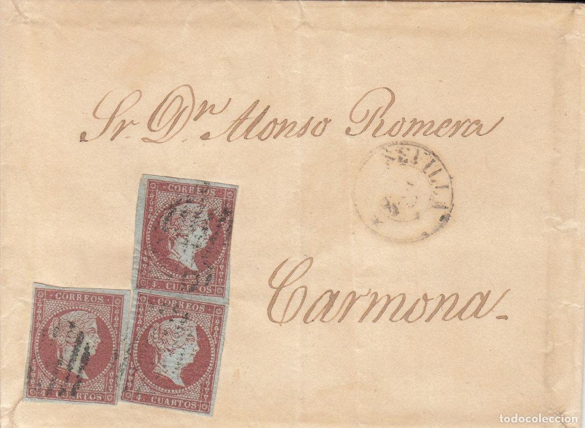 Coleccionismo: CRCAR087 CARTA COMPLETA DE SEVILLA A CARMONA CON SELLO N&ordm; 40 (3 SELLOS) PARRILLA Y FECHADOR NEGRO.