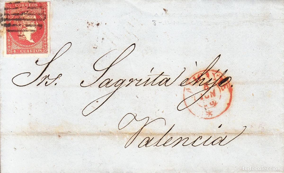 Coleccionismo: CRCAR092 CARTA COMPLETA DE ALICANTE A VALENCIA CON SELLO N&ordm; 48. PARRILLA NEGRA. FECHADOR ROJO