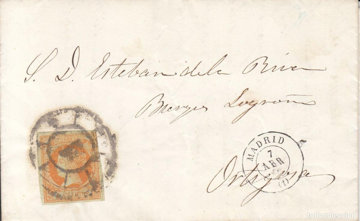 Coleccionismo: CRCAR095 CARTA COMPLETA DE MADRID A ORTIGOSA (LA RIOJA) CON SELLO N&ordm; 52. RUEDA DE CARRETA N&ordm; 1.