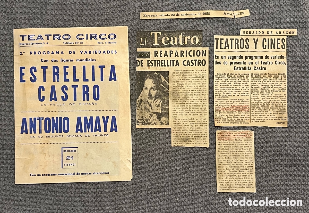Sammelleidenschaft Papier: ESTRELLITA CASTRO Y ANTONIO AMAYA.. En el Teatro Circo de Zaragoza. Programa (a.1958)