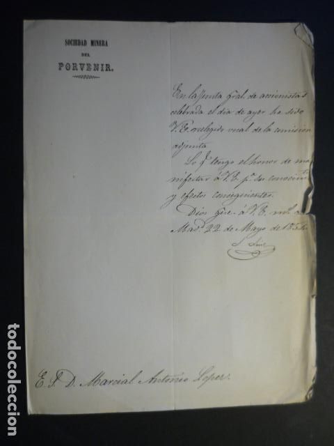 Colecionismo: SOCIEDAD MINERA DEL PORVENIR ASTURIAS MIERES Y LENA CARTA NOMBRAMIENTO VOCAL 1854